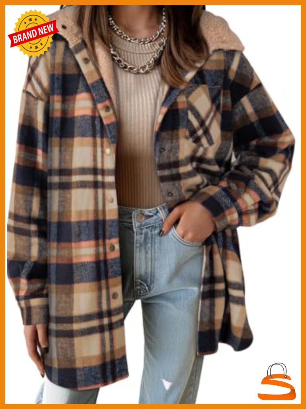Women's Flannel Hooded Plaid Shacket Button Down Oversized Jacket